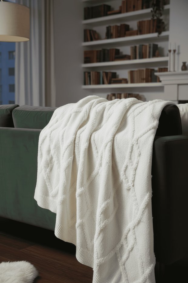 Soft Knitted Blanket Diamond 130X170 cm Cream | Single Person Tv Blanket – Decorative and Lightweight
