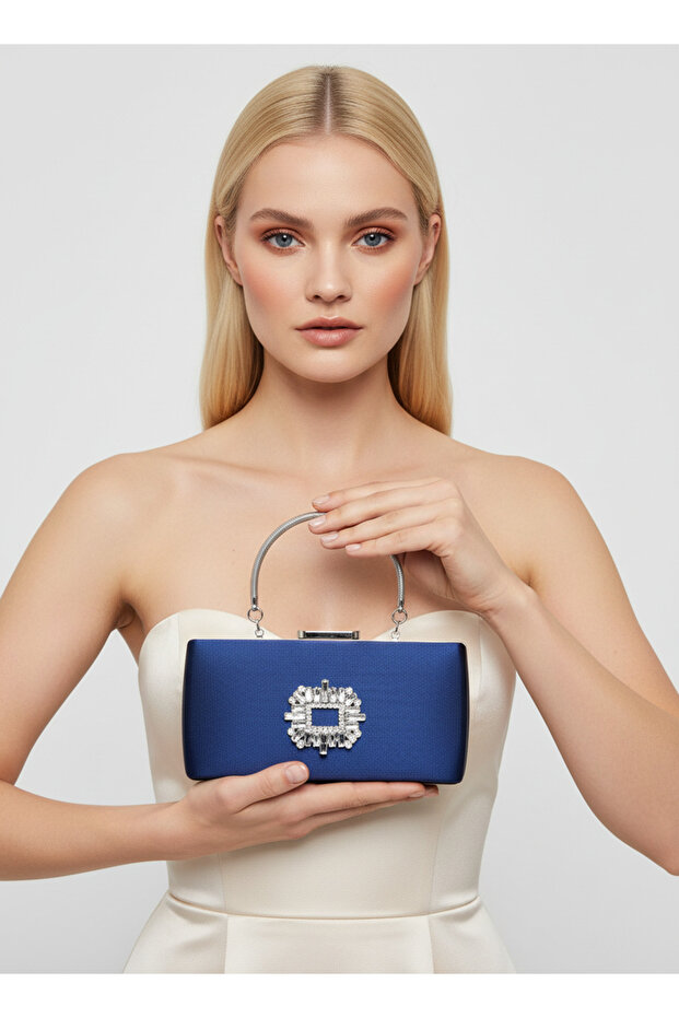 Navy Blue Crystal Silver Stone Satin Evening Dress Bag, Elegance with Metal Handle