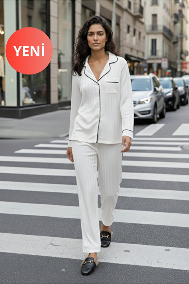 Women's Long Sleeve Satin Pajama Set – Shirt Collar, Piped , Pockets, White / Black, Winter