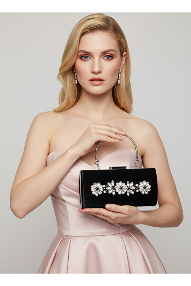 Black Crystal Silver Stone Satin Evening Dress Bag, Elegance with Metal Handle