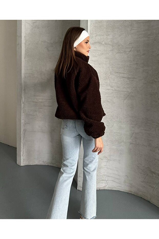 Oversize Fermuarlı Peluş Ceket - 4