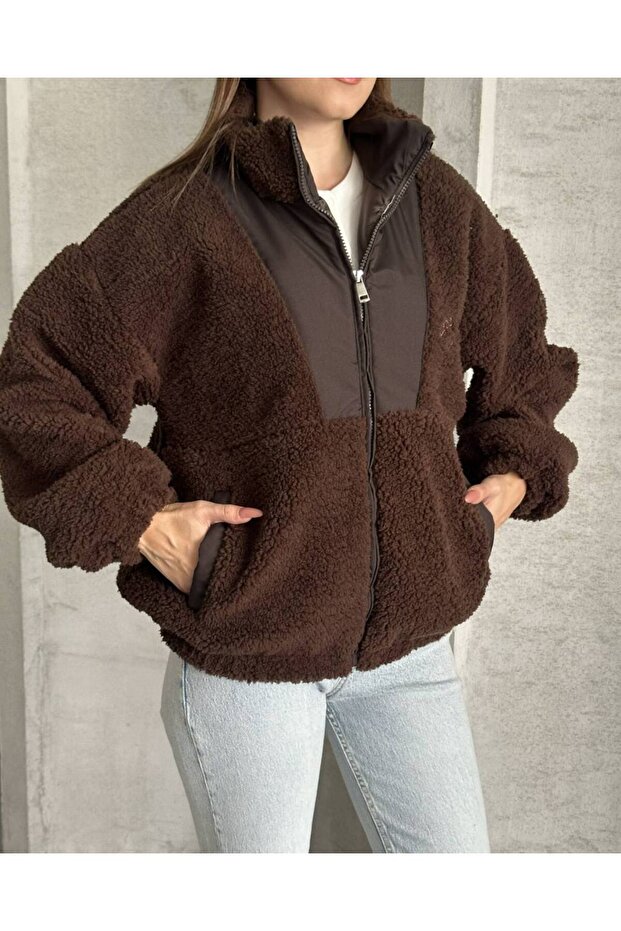 Oversize Fermuarlı Peluş Ceket - 2