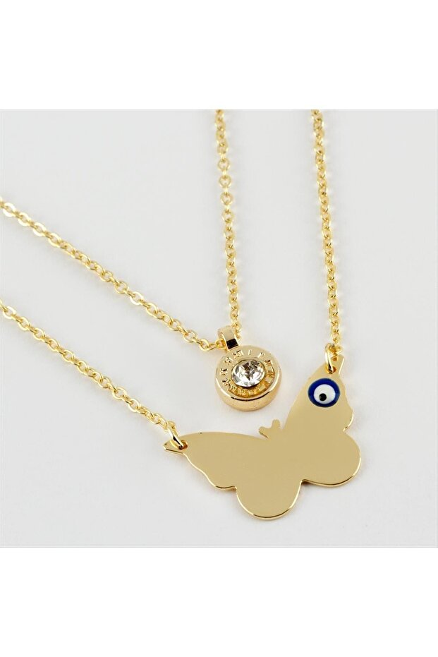 Mtxdpn Name Engravable Blank Plate with Butterfly Figure (162436) Double Necklace-Yellow