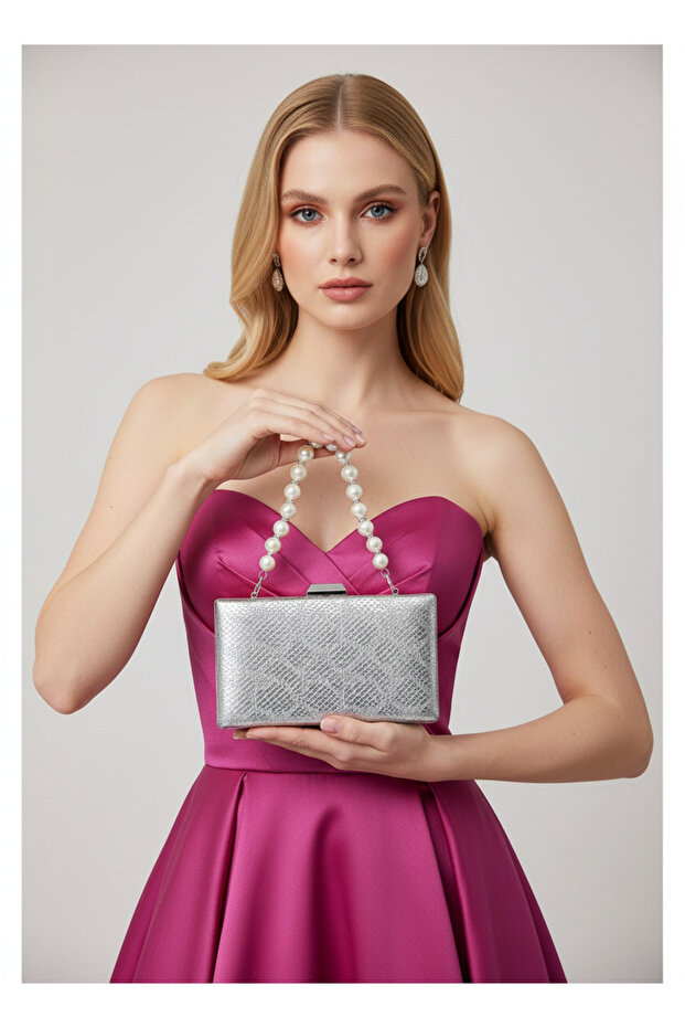 Silver Imported Snake Laser Glitter Patterned Pearl Detailed Evening Dress Bag
