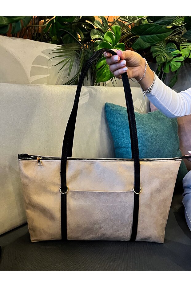 Suede Mink Striped Shopper Shoulder Bag