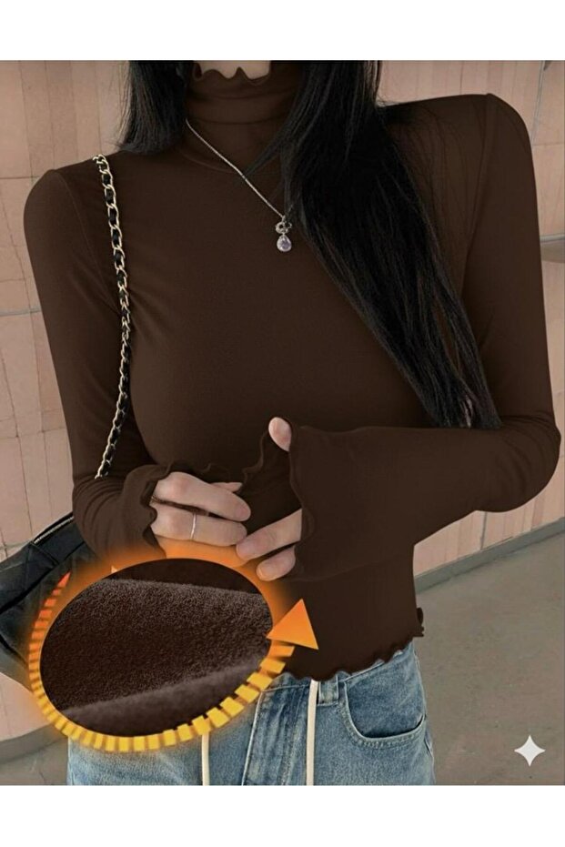 Autumn, Winter Inside Fleece High Neck S Slim Fit Long Sleeve Blouse 0047