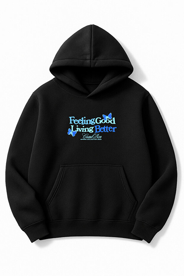 Black Oversized Unisex Feeling Good Butterfly Printed Hooded Sweatshirt