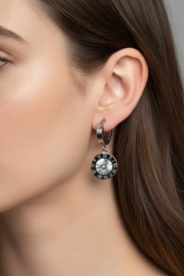 Steel Round Stone Roman Numeral Clip-On Women's Earrings I Karamaz Women's Steel Earrings