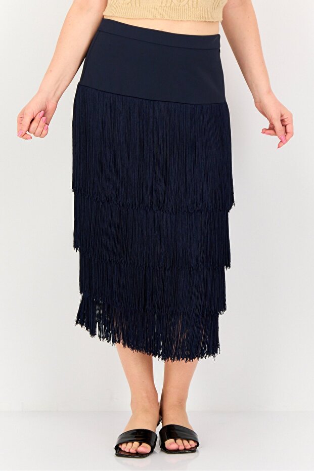 Women Fringes Midi Skirt, Navy