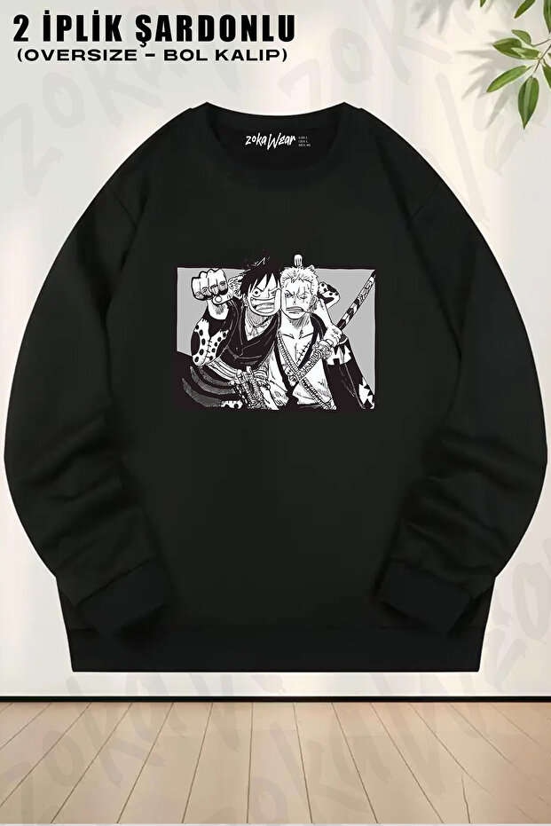 Unisex Loose Fit One Piece Luffy and Zoro Anime Character Printed Oversized Crew Neck Sweatshirt