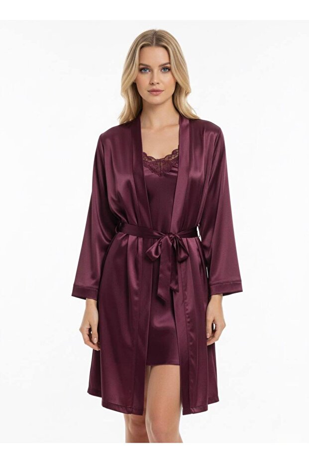 Premium Plum Satin Lace Nightdress Robe Set – Elegant Chic Two-Piece Set