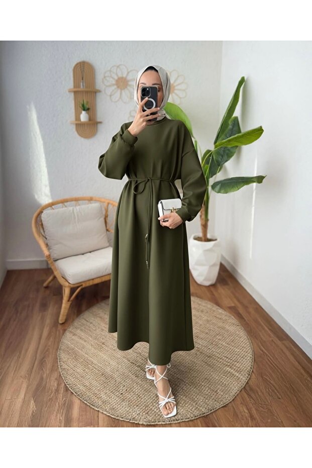 Scuba Kumaş Kuşaklı Basic Elbise - 1