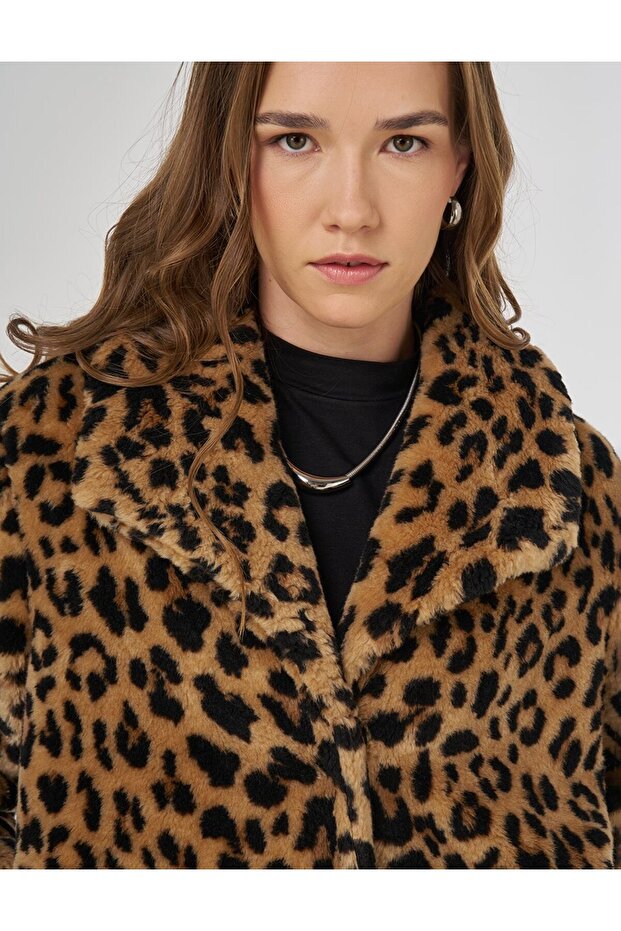 Leopard Pattern Plush Coat Beige - 7