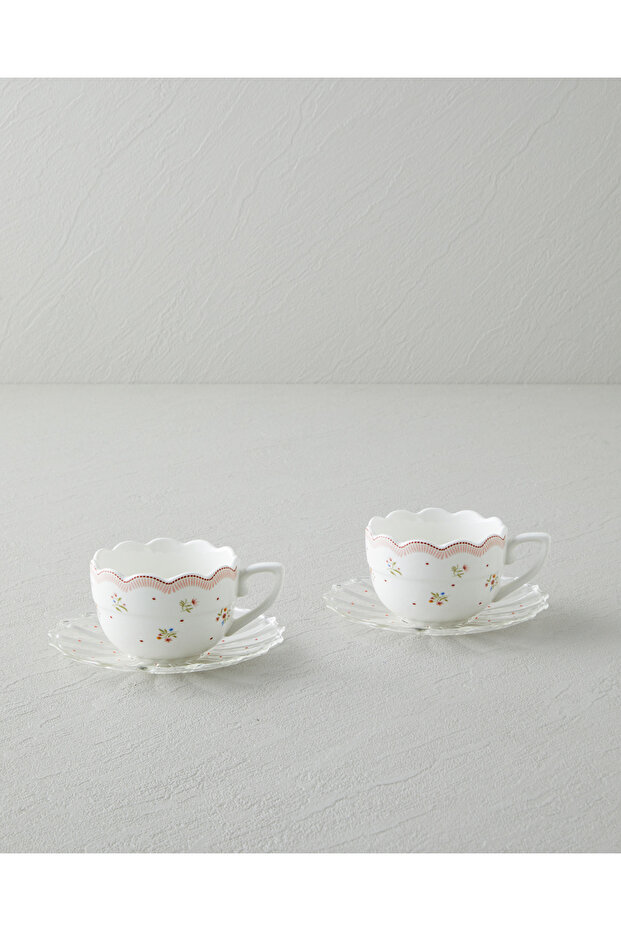 Daisy Days New Bone China 4 Parça 2 Kişilik Cam Tabaklı Kahve Fincan Takımı 80 ml Pembe - Yeşil - 1