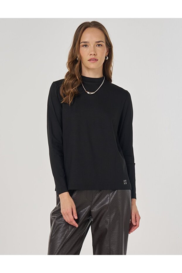 Sıfır Yaka Basic Viskon Bluz Siyah - 1