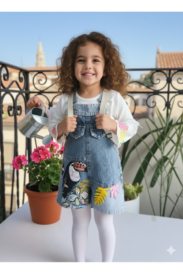 Eid Girls' Denim Overalls with Shorts Bag Piece Set Design (Denim Dress+Blouse)