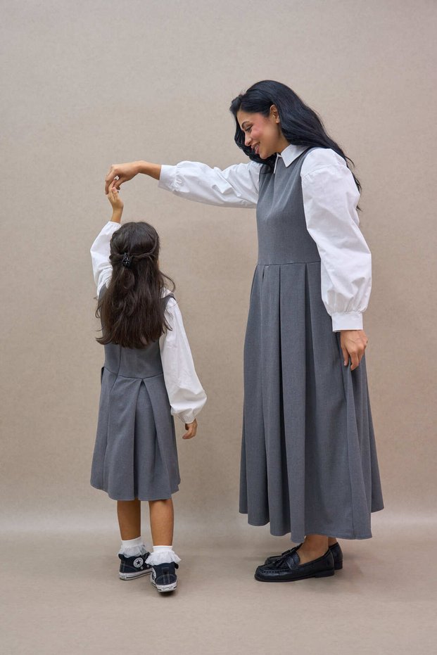 Anthracite Pleated Polyviscose Jile Dress and Girl's Dress Mother-Daughter Combination (Sold as Single)