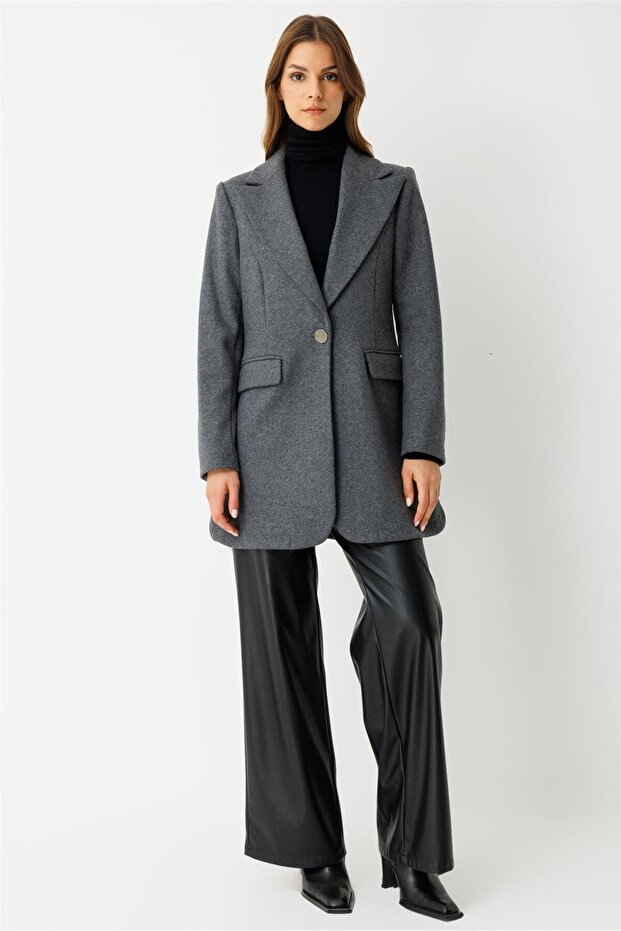 Tek Düğmeli Yün İçerikli Keçe Ceket Antrasit - 2