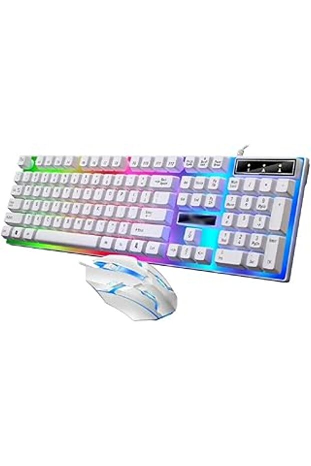Wired RGB Gaming Keyboard & Mouse Set — Full-Size Keyboard, USB, 3-Button Mouse (White) - 1