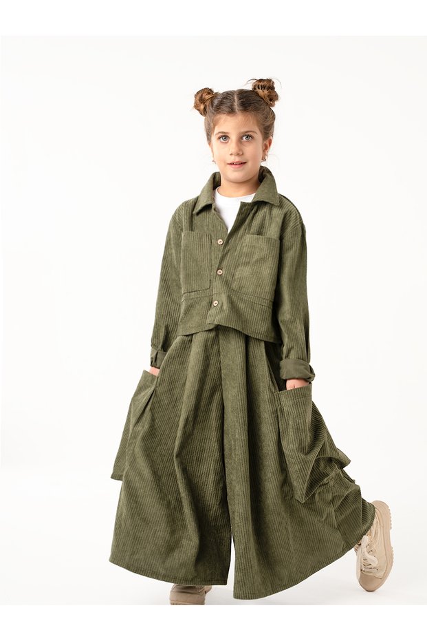 Girl's Khaki Velvet Kali Pants Shirt Set