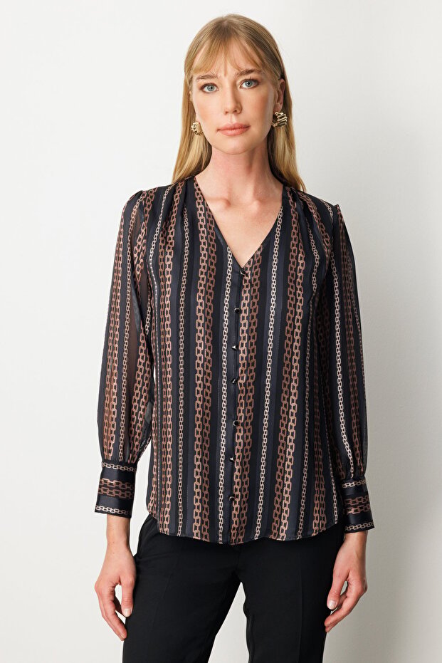 Decorated Buttoned Patterned Blouse - 1
