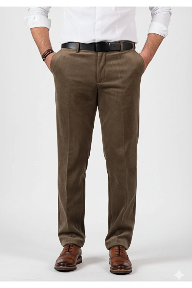 Men's Flexible Thick Fleece Lined Classic Comfortable Cut Velvet Dad Pants with Pockets