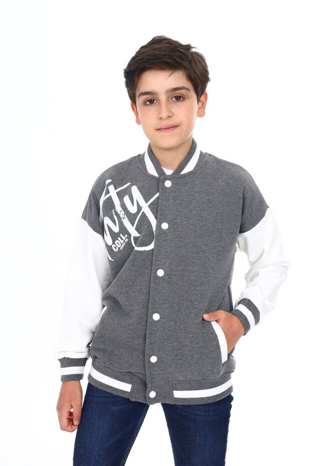 Anthracite Boys' College Collar Snap Closure Pocket Low Shoulder Printed Color Block Knitted Cardigan