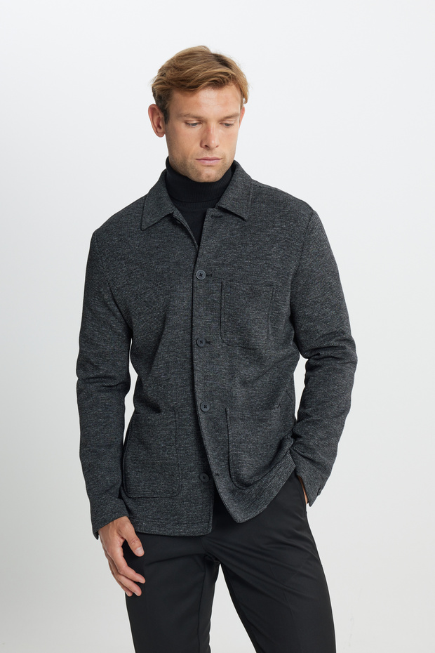 Comfort Fit Relaxed Fit Shirt Collar Patterned Bag Pocket Black Shirt Jacket