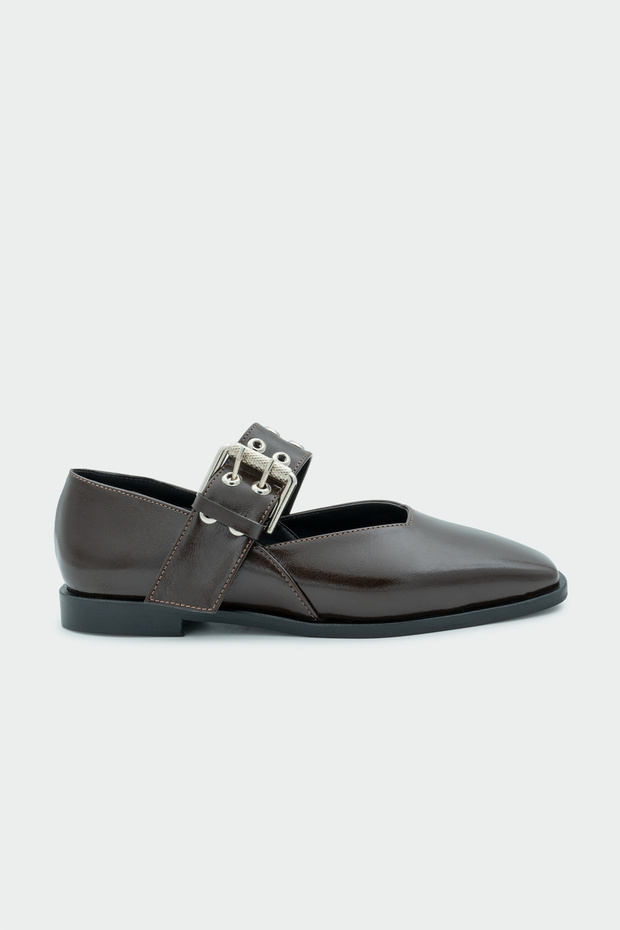 Jewel Bitter Brown Leather Belt Detailed Women's Ballerinas