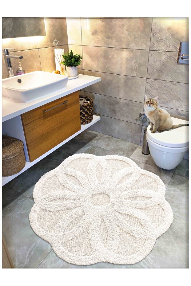 Cotton Tufted Water Absorbent Bath Mat, Bathroom Rug Lotus 120X120 cm Cream
