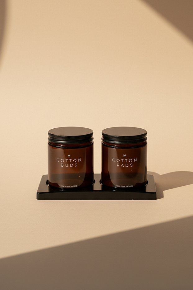 Set of 2 Amber Glass Bathroom Organizer with Stand – Written as Cotton Buds & Cotton Pads – 250 ml