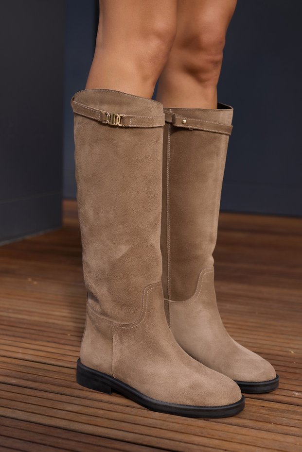 Ocean Women's Mink Real Leather Suede Buckle Detail Rider Boots
