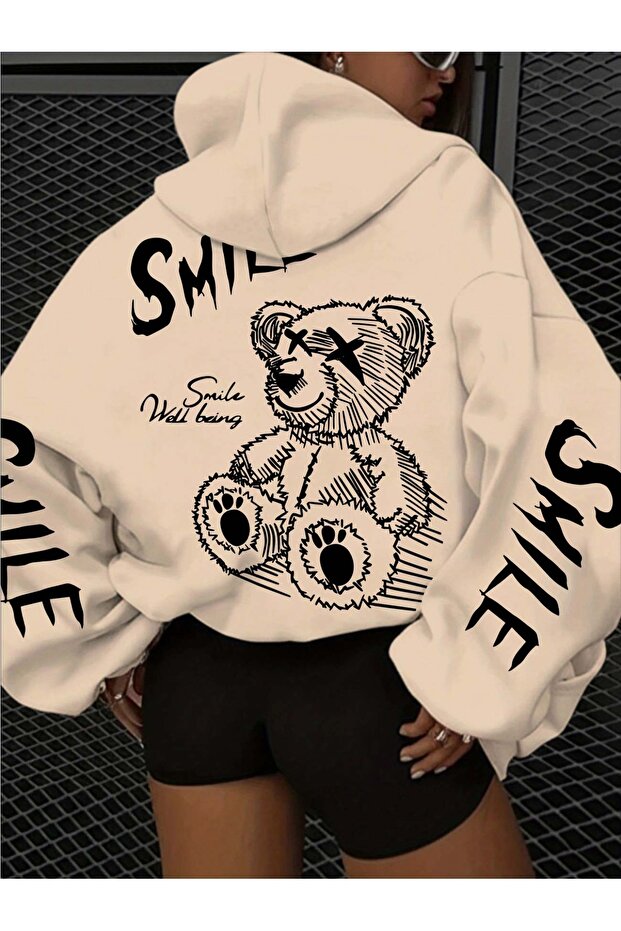 Cheerful Face & Teddy Bear Patterned K Hooded Sweatshirt for Women