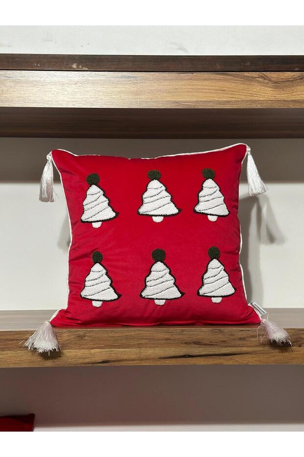 Punch-Embroidered Bell Pattern Cushion Cover on Red Velvet with Bows and Tassels