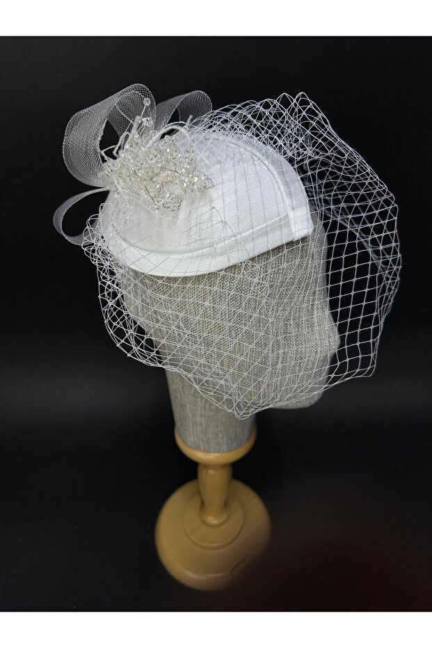 White Bridal Wedding Hat Crystal Embroidered Tulle Bow Hair Accessory