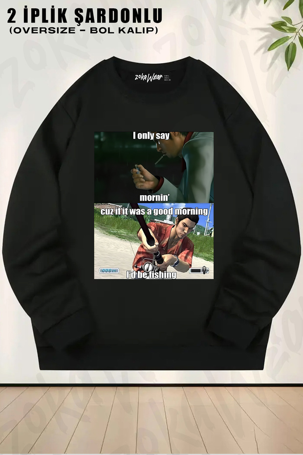 Unisex Loose Fit Good Morning Yakuza Meme Printed Design Oversized Crew Neck Sweatshirt