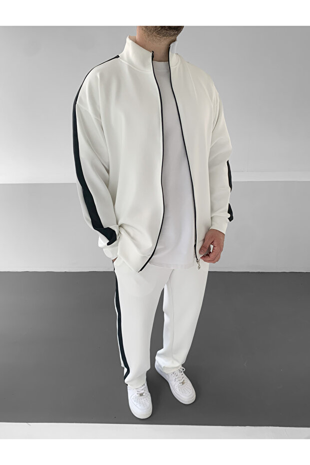 White Striped Detail Scuba Tracksuit Set