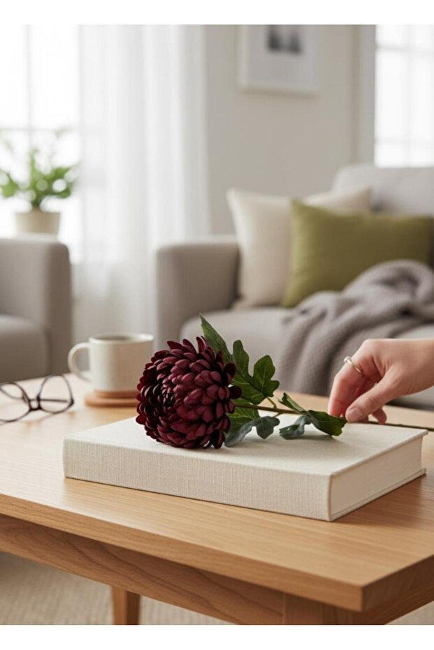 Yapay Çiçek Krizantem Bordo 90cm Tek Dal Kumaş Çiçek Uzun Dal - 3