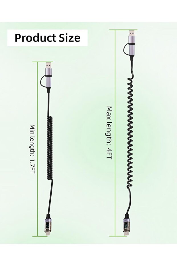 100W PD USB-C Fast Charging Coiled Cable with LED Display (2-in-1 A-to-C & C-to-C, 4ft) - 7