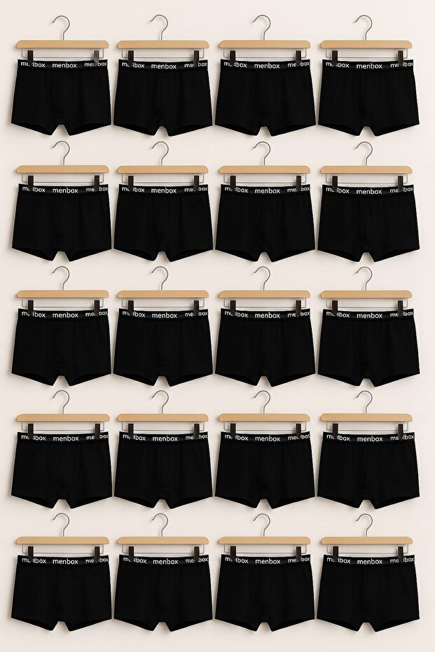 20-Piece Men's Black Boxer Shorts Set, Cotton Stretch Fabric, Waist Printed, Stretchy Comfortable Boxer Shorts
