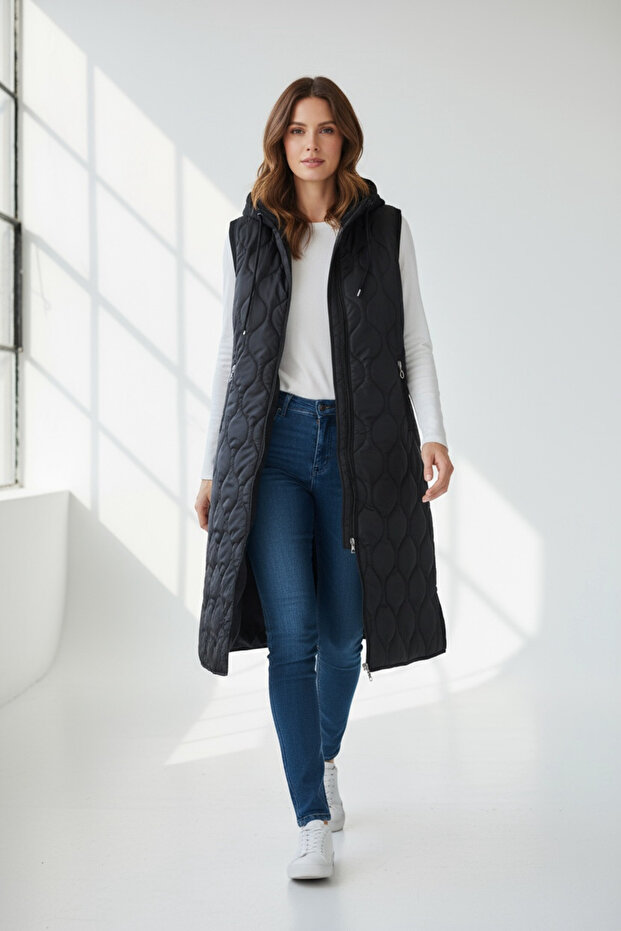 KADIN ÖNÜ FERMUARLI YANLARDAN CEPLİ KAPÜŞONLU KAPİTONE YELEK - 4