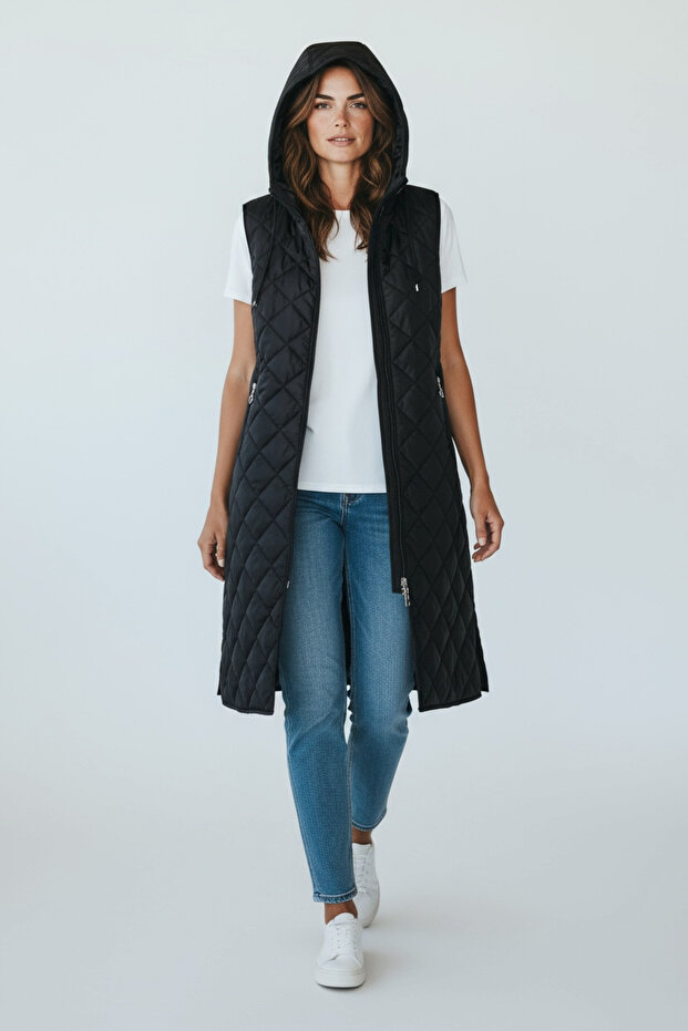 KADIN ÖNÜ FERMUARLI YANLARDAN CEPLİ KAPÜŞONLU KAPİTONE YELEK - 6