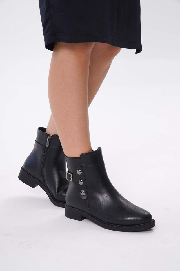 Black Leather Tuck Buckle Flat Sole Zipper Women's Boots