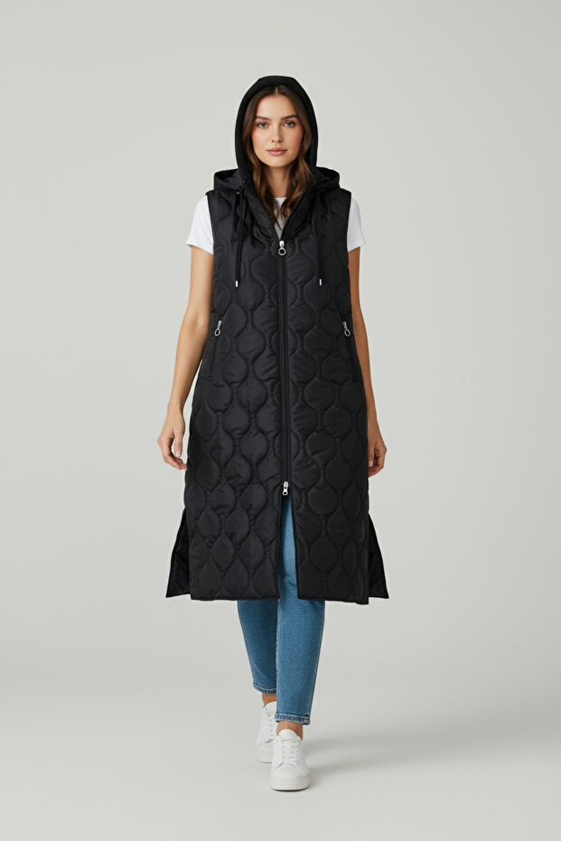 KADIN ÖNÜ FERMUARLI YANLARDAN CEPLİ KAPÜŞONLU KAPİTONE YELEK - 1