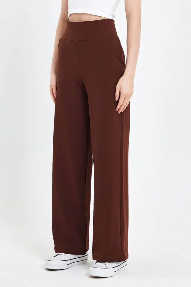 Women's Brown High Waist Pocket Palazzo Wide Leg Crepe Fabric Casual Trousers Sweatpants