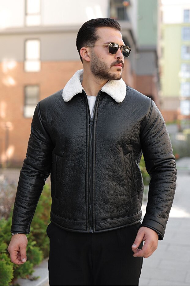 Men's Leather Coat with Fur Collar Detail