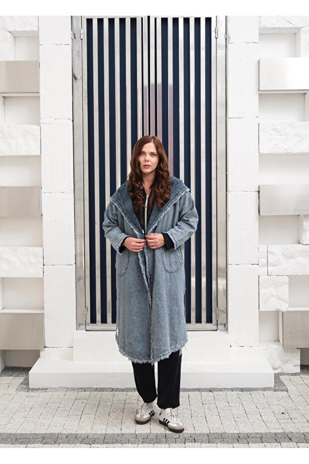 Kapüşonlu Oversize Kot Kap - 1