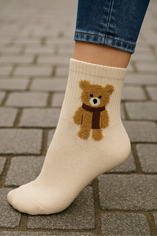 Furry Teddy Bear Patterned Cotton College Socks I Set of 3, Teenager