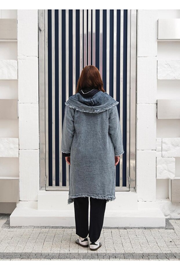 Kapüşonlu Oversize Kot Kap - 5