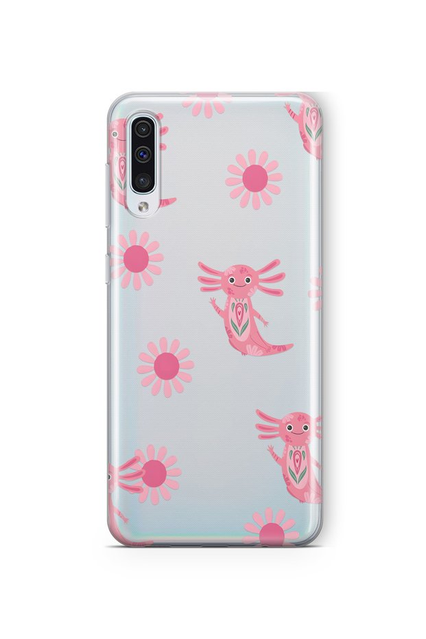 Samsung Galaxy A70 Compatible Pink Axolotl Patterned Transparent Phone Case